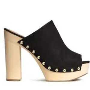 H&M black faux suede platform clogs with open toes and a wooden heeloip 8